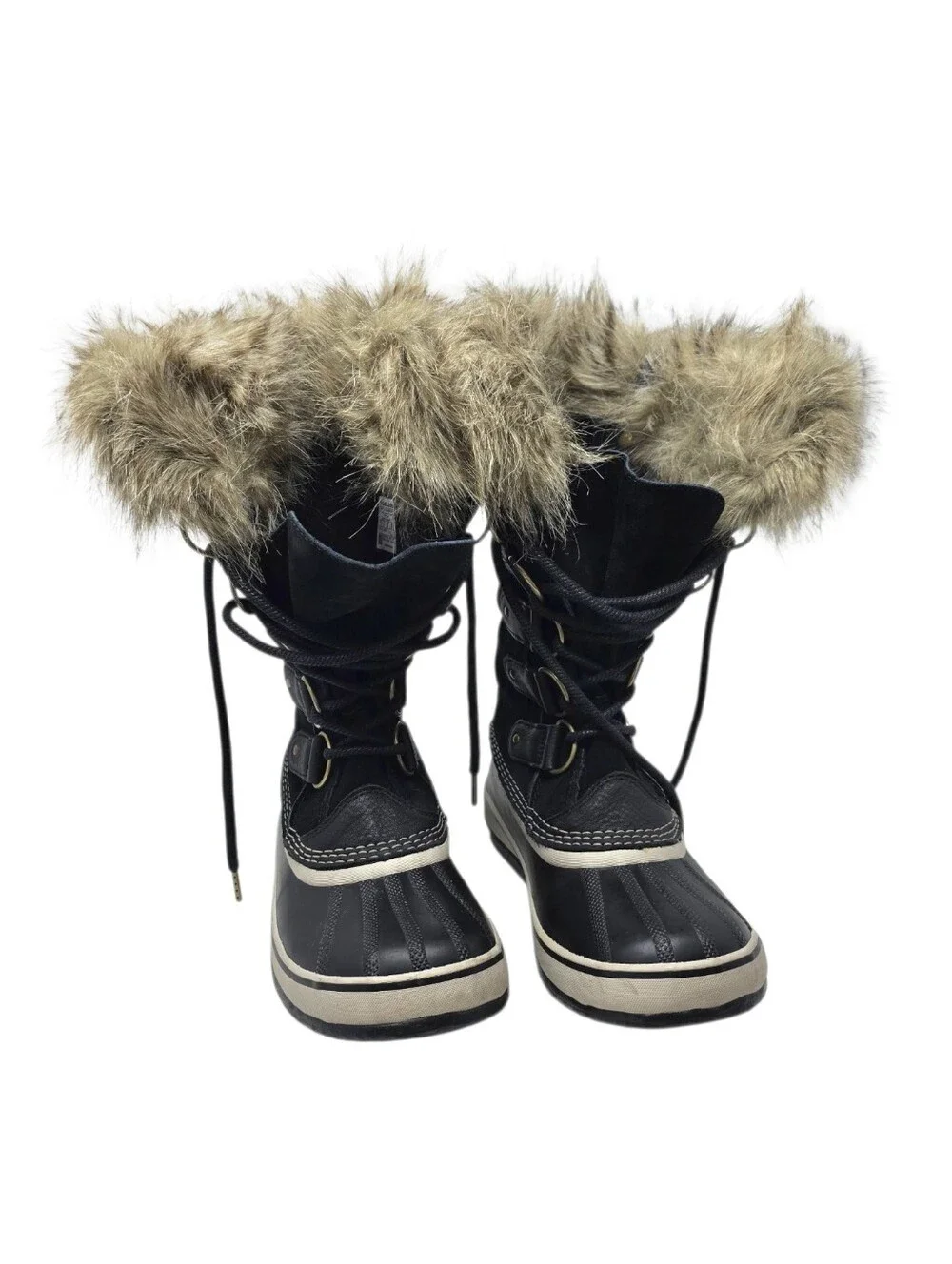Sorel Joan Of Arctic Winter Boots Faux Fur Trim Lining Black & Tan Women's 8
